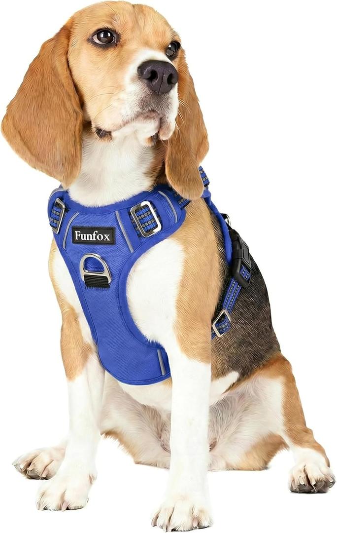 Funfox Dog Harness Medium No Pull, Adjustable 2 Clips Anti-Pull Vest with Practical Handle, Breathable Padded Pet Harness Designed for Small/Large Breeds, Reflective Training Walking, Blue, Medium