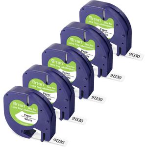 TITBIT 5-Pack 91330 White Paper Label Tape Compatible with DYMO LetraTag 200B Refills 1/2" x 13ft,10697 (S0721510), Black on White, for DYMO LetraTag Label Maker LT-100H,LT-100T,LT-110T,QX 50,XR,XM