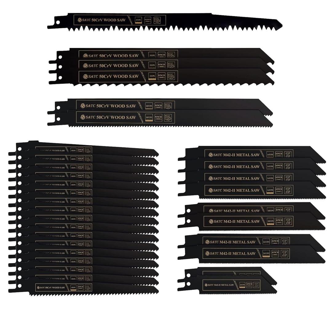 S SATC Reciprocating Saw Blades Set - 32 Pieces, for Metal & Wood, Pruner Blades, Plus Jigsaw Blades S SATC Reciprocating Saw Blades Set - 32 Pieces, for Metal & Wood, Pruner Blades, Plus Jigsaw Blades