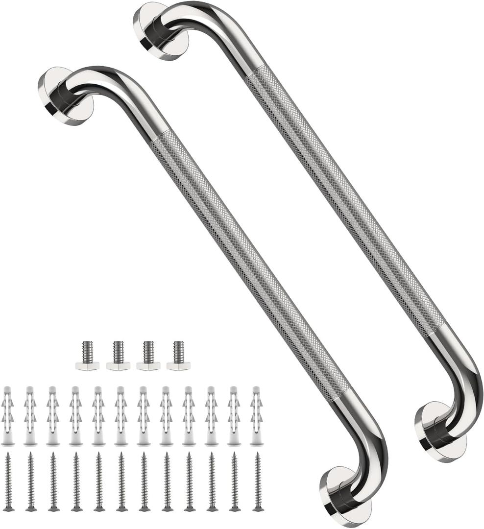 2 Pack 24 Inch Anti Slip Shower Grab Bar Handles, ZUEXT Chrome Stainless Steel Knurled Bathroom Balance Bar, Safety Hand Rail Support,Handicap Elderly Injury Senior Assist Bath Handle(1.25" Diameter)