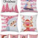 Pink Christmas Throw Pillow Covers 18x18 Inch Set of 4 Winter Holiday Decor Pillowcase Snowman Santa Claus Xmas Tree Decorative Cushion Case for Couch Sofa