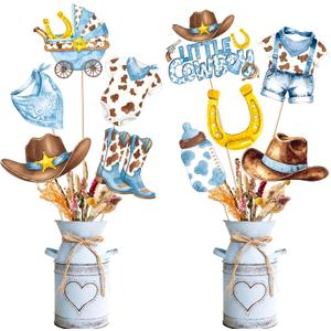 20Pcs Little Cowboy Centerpieces Sticks, Western Table Toppers, Watercolor Baby Boy Shower Centerpiece Decor for A Little Cowboy is on the Way Baby Shower Birthday Wild West Party Supplies