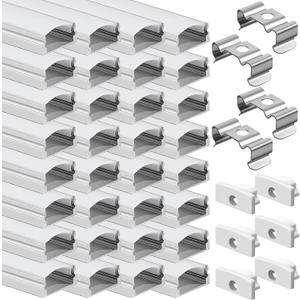 60 Pack 3.3FT 1Meter U Shape LED Strip Aluminum Channel Diffuser System with Cover, End Caps and Mounting Clips, Easy Cut Installed Curved Profile, Aluminum Profile for LED Strip Light Installations