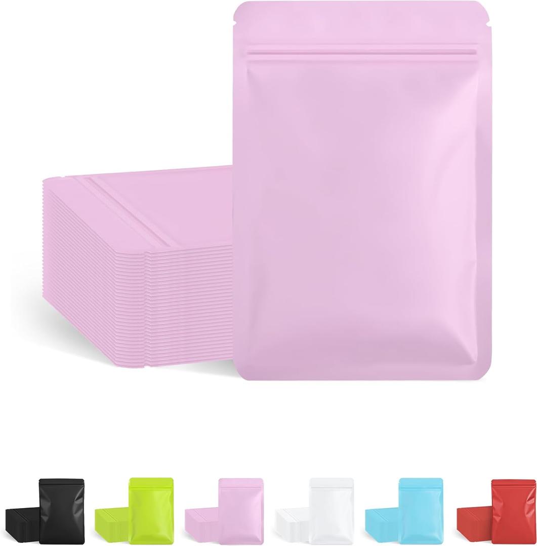 100 Pack Resealable Packaging Bags for Small Business Double-Sided Color Smell Proof Bags for Food Storage Flat Bags (Pink, 4" x 6")