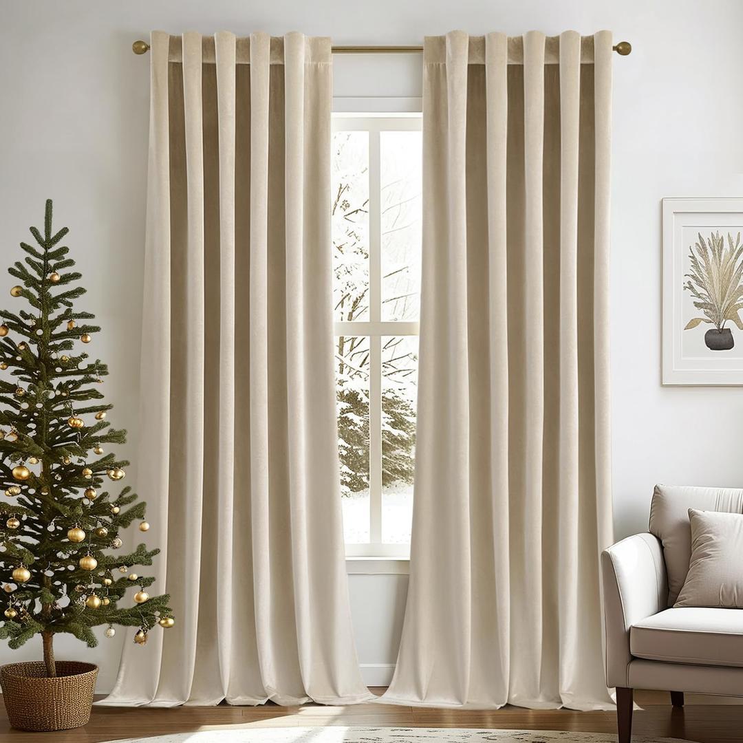 MIULEE Velvet Curtains 96 inches - Luxury Blackout Curtains for Bedroom Living Room Thermal Insulated Super Soft Window Drapes Rod Pocket & Back Tab, Beige, W52 x L96 inches, 2 Panels