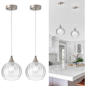 Brushed Nickel Pendant Lights Kitchen Island, Globe Pendant Light Fixtures with 8 Inch Clear Glass Shade, Modern Hanging Light Fixtures for Kitchen, Bedroom (2 Pack - Clear Glass Pendant Light)