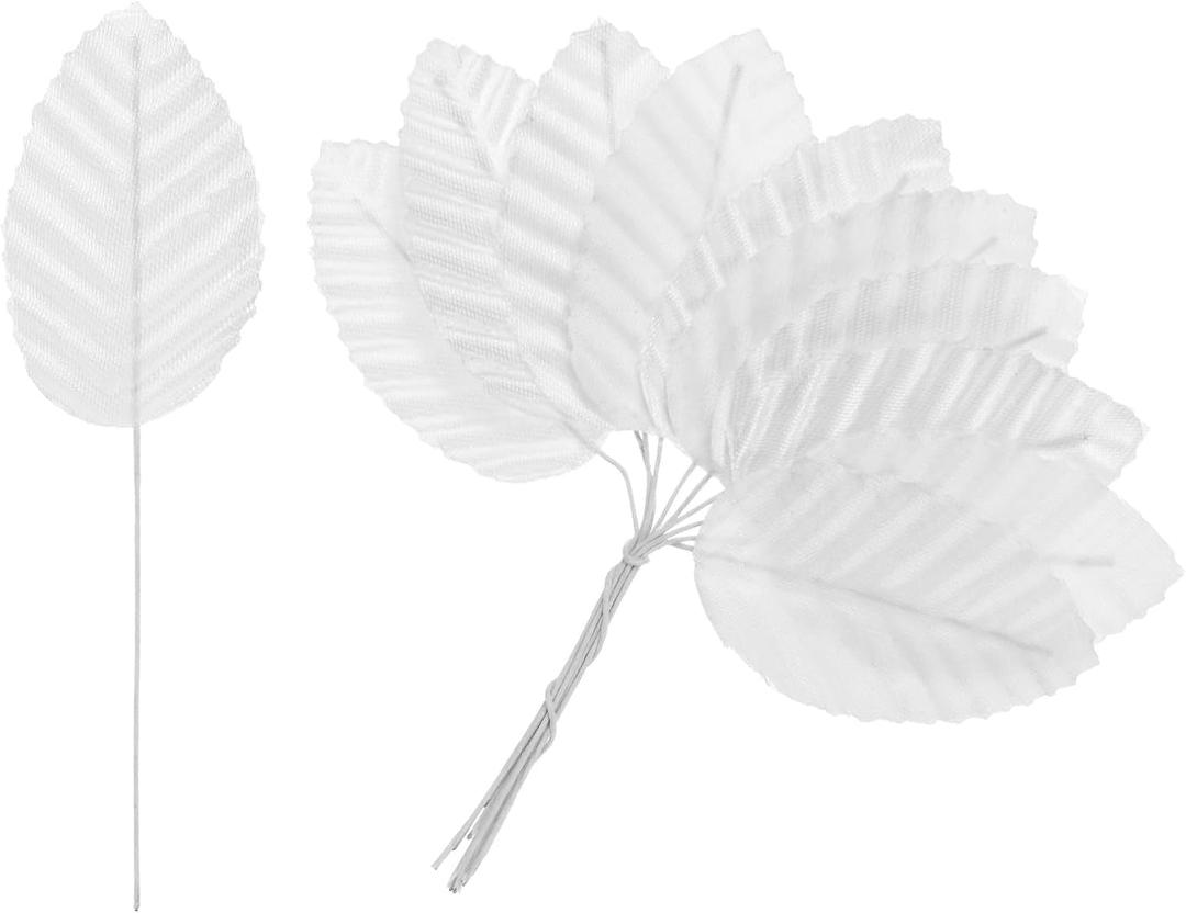 200-Pack Artificial Silk Leaf, Faux Wire Single Leaves, Fake Flower Leaf with Stem for DIY Bouquet/Wreaths/Wedding/Garland/Party Decorations, Fake Rose Craft Leaves [White]
