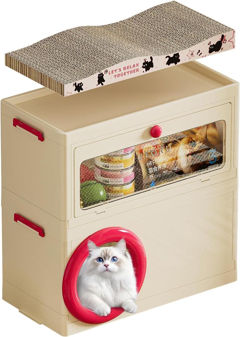 3 in 1 Plastic Cat House with Scratching Board, Foldable Feral Cat Shelter with Pet Supply Storage Bin, Waterproof Weatherproof for Outdoor Indoor Use