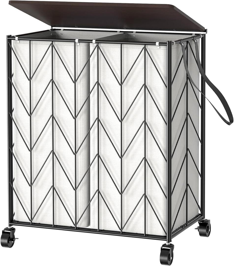 WOWLIVE Laundry Basket with Wheels, Heavy Duty Laundry Hamper with Wood Lid, Clothes Hamper with Divided Removable Liner Bag, Large Capacity Iron-Made Laundry Sorter Laundry Room Organization (Beige), 115L