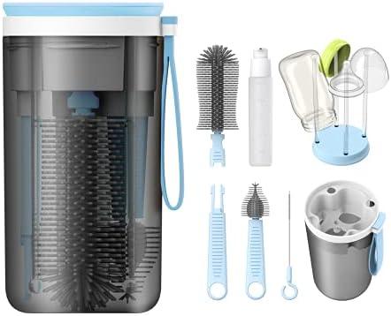 YOTIME Travel Baby Bottle Brush Set, Included Silicone Bottle Brush, Nipple Cleaner Brush, Straw Brush, Soap Dispenser and Drying Rack, Blue