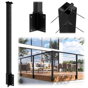 Side Mount Outer Corner Post 36" (Post Body 44"), Fixed Top Three Side Drilled Corner Post Cable Railing, Black Stainless Steel T304 Fascia Mount Metal Post with Inner Terminal & Cable Grommet