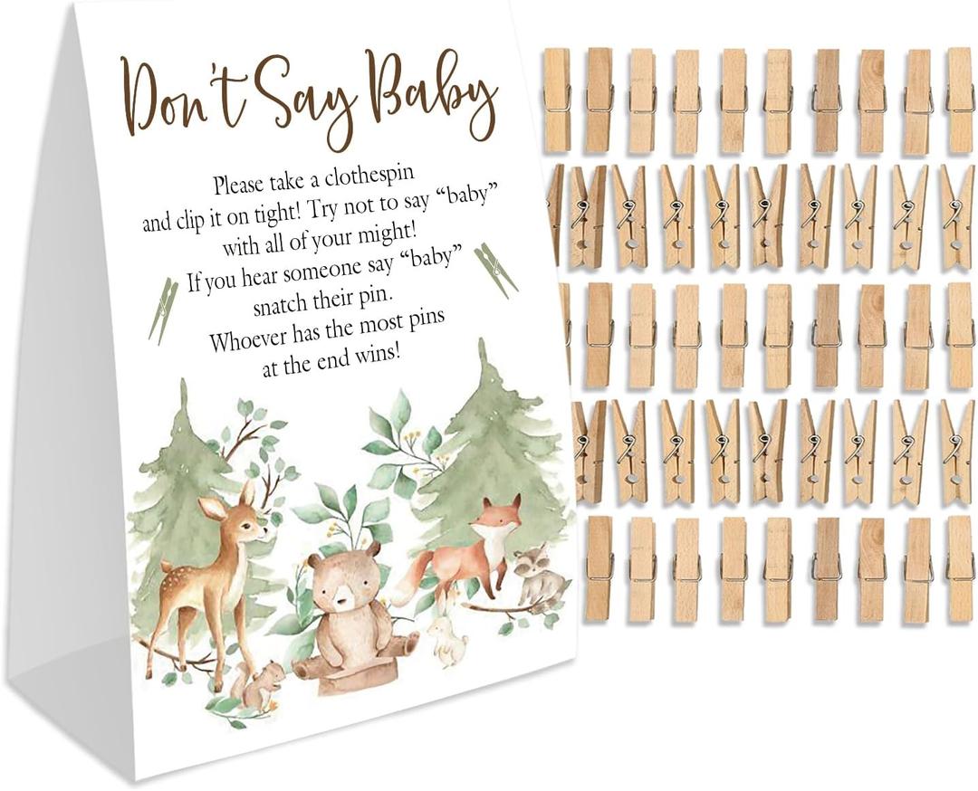 Don't Say Baby Clothespin Games (1 Sign + 50 Mini Clothespins), Forest Theme, Neutral Baby Shower Decorations, Baby Shower Game, Delicate Baby Pin (dsbb22)