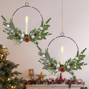 Christmas Wreaths,2Pcak 16 Inch Christmas Door Wreaths with LED Taper Candles,Window Candles Battery Operated Christmas Wreath for Front Door Window Holiday Christmas Decor (Silver)