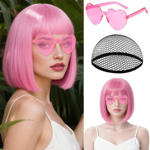 MEEZY Pink Short Bob Wigs Straight Hair with Flat Bangs Heart Shape Sunglasses for Women, Colorful Funny Cosplay Party Neon Wig Synthetic Natural As Real Carnival Halloween Costume