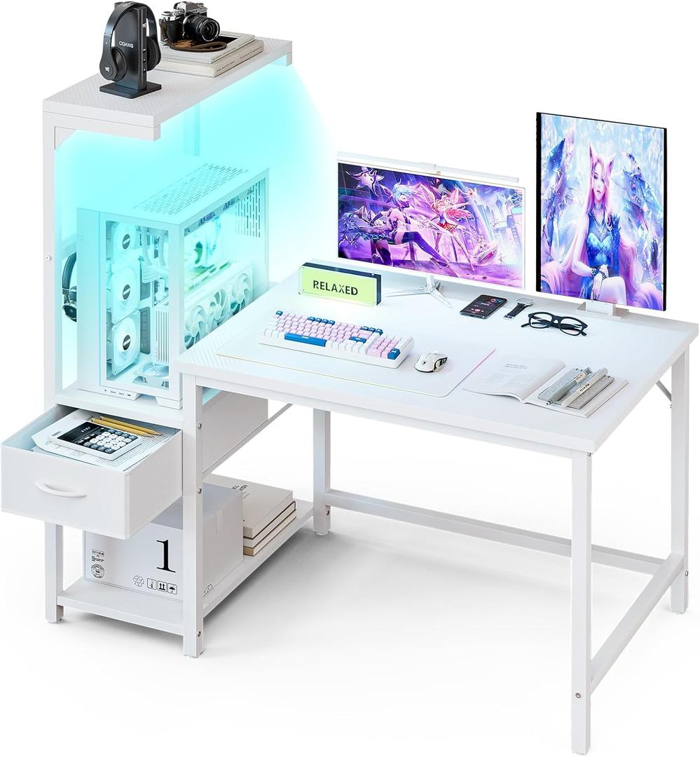 Grandder Gaming Desk 41 Inch with CPU Stand and LED Light, Computer Desk with Reversible Shelves and Storage Drawer, Pc Small Desk for Home Office Table with Bag, White