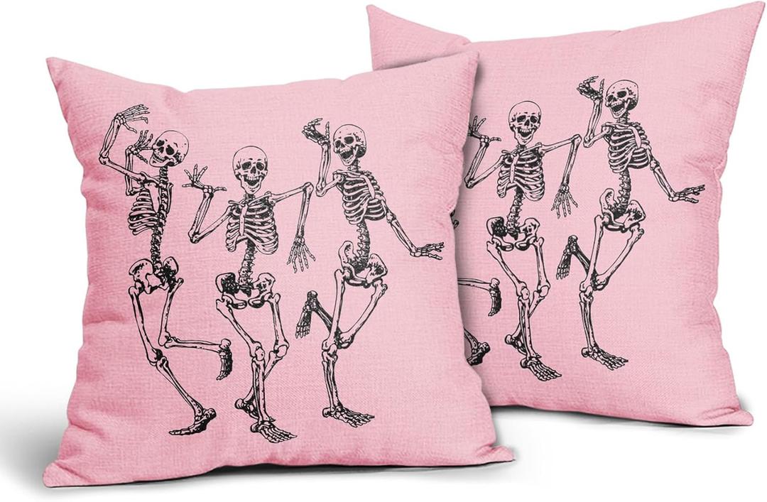 Halloween Skull Pillow Covers 18X18 In Set of 2 Cute Funny Skeleton Decorative Pillow Cases Vintage Pink Pillow Covers Cotton Linen Cushion Case Autumn Home Decor For Couch Sofa Patio Porch Outdoor