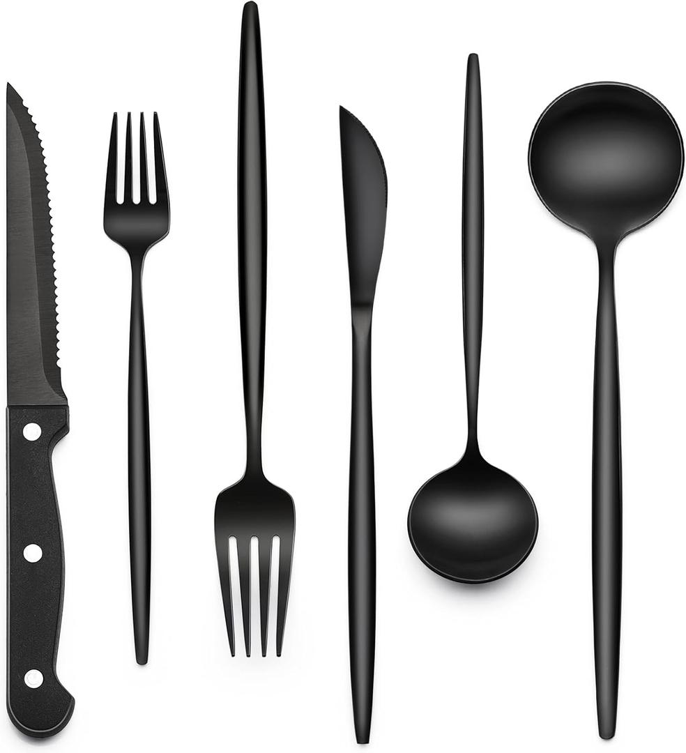 EWFEN 24-Piece Black Silverware Set with Steak Knives, Black Flatware Set for 4, Food-Grade Stainless Steel Tableware Cutlery Set, Mirror Finished Utensil Sets for Home Restaurant, Long Edge