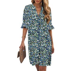 Wkior Shift Dress for Women V Neck Short Sleeves Solid Color Casual Flowy Summer Dresses (XX-Large, C2-floral 01)