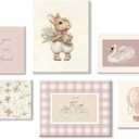 Pink Nursery Wall Art Baby Girl Canvas Wall Decor Vintage Poster Bunny Flower Wall Art Antique Preppy Pictures Animal Floral Prints Kids Swans Painting for Girls Room Bedroom 12x16x6 Inch Framed