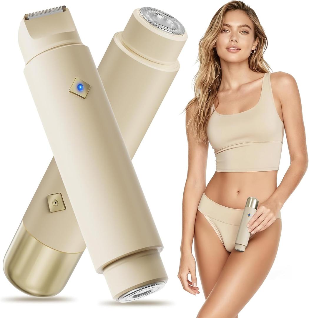 Bikini Trimmer for Women, 2-in-1 Rechargeable Electric Razor for Pubic Hair, IPX7 Waterproof Wet & Dry Use, Painless Electric Shaver for Private Area Bikini Shaver for Legs, Face, and Underarms (Beige)