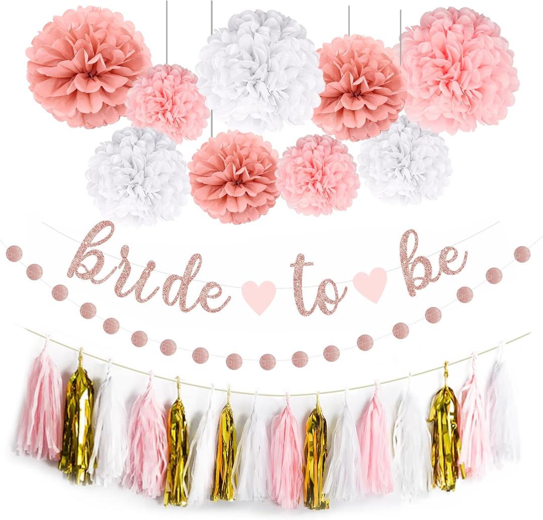 NISOCY Bachelorette Party Decoration, Pink Bridal Shower Decoration Bride to Be Sign Banner with Fringe Party Curtains and Honeycomb Balls for Wedding Bridal Shower Party Decorations