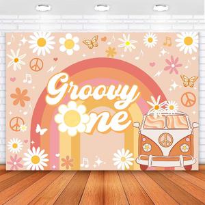 Avezano Groovy One Happy Birthday Backdrop Daisy Floral Girls 1st Birthday Party Decorations for Newborn Boho Rainbow Bus First Birthday Photography Background Cake Table Banner (7x5ft)