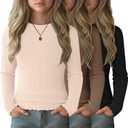3 Pack Girls' Long Sleeve Tops Crewneck Ribbed Tees Shirt Cotton Lettuce Trim Cute Undershirt Base Layering (9-10 Years, Black, Mocha, Cream)