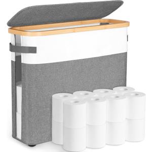 Extra Large Toilet Paper Storage Basket with Lid, 32.4L Toilet Paper Holder for Bathroom, Modern Neutral Style Holds 1216 Rolls Waterproof & Sturdy with Leather Handles, Grayish White