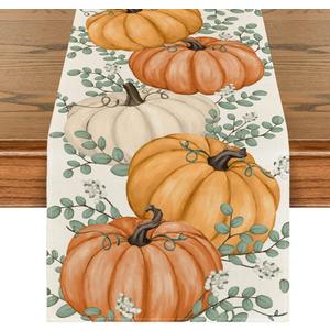 2 x Artoid Mode Orange Pumpkins Eucalyptus Leaves Fall Table Runner, Autumn Thanksgiving Kitchen Dining Table Decoration for Home Party Decor 13x36 Inch