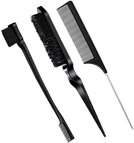Geiserailie 3 Pcs Slick Back Hair Brush Set Bristle Brush Edge Control Teasing Comb for Women Black Hair(Black)