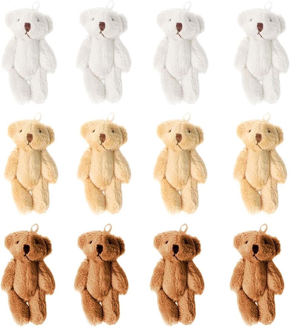 KUDES 12Pcs 6CM Mini Joint Teddy Bear Stuffed Animal Plush Toys Wedding Gift Box Doll Toy for Birthday Cake Wedding Decorations Party Favors Supplies Bag Charm DIY Accessory