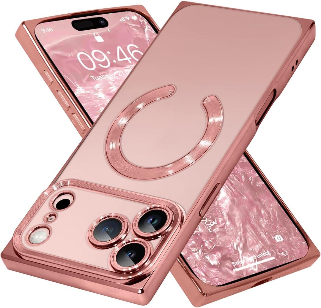 ZIYE Clear Magnetic Case for iPhone 17 Pro Case, Compatible with MagSafe, Luxury Slim Soft Shockproof Support Wireless Charging Phone Cover for Women Girls Girly-Rose Gold