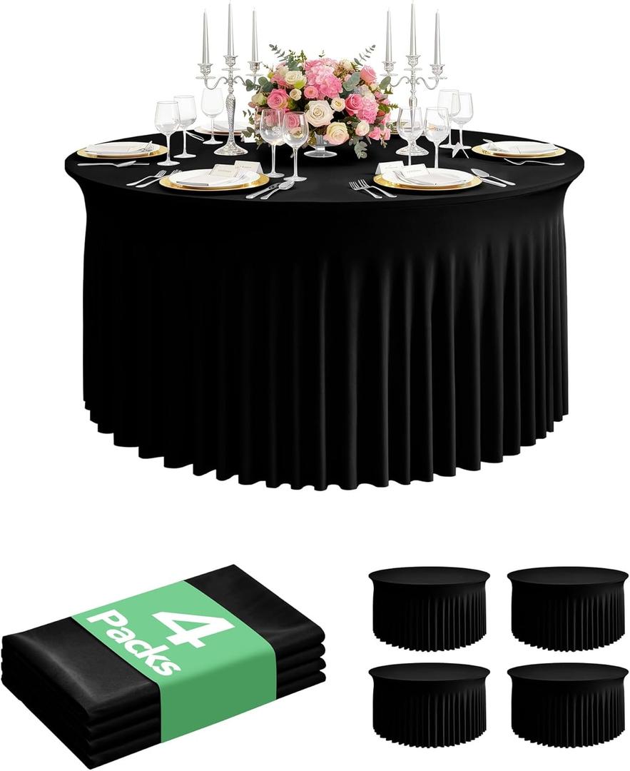 4 Pack Spandex Table Cover Skirts for 72 inch Round Tables, Black Stretch Table Cloths with Floor-Length Ruffle, Elastic Fitted Skirted Tablecloth for Elegant Wedding Banquet Party Buffet Decoration