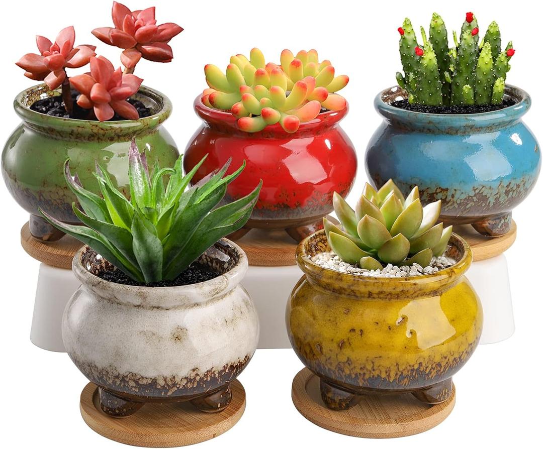 TOPZEA 5 Pack Succulent Pots Planter, 3.8 Inch Tripod Glazed Ceramic Cactus Planter Round Plant Bonsai Container Small Garden Pot with Drainage Hole & Bamboo Saucer for Desktop, Windowsill