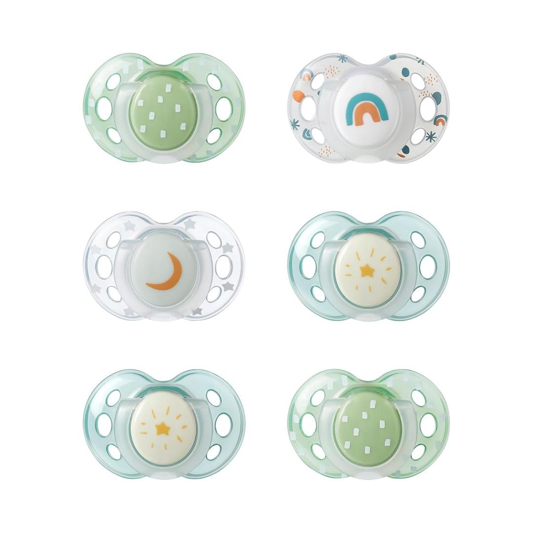 Tommee Tippee Night Time Pacifier, 18-36 Months, Symmetrical Silicone Baglet, BPA-Free Binkies, Glow in The Dark Technology, Green Rainbow, Pack of 6 (Pink Pastels)