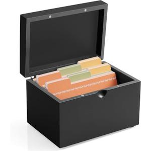 DRASTAR Index Card Holder 3x5, Wooden Index Card Organizer Box with 45 Index Card Dividers, Flashcard Notecard Holders for Home Office, Black