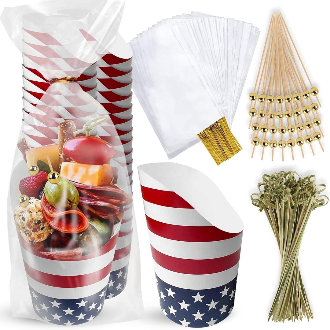 Charcuterie Cups With Sticks - [50 Cups + 200 Picks + 50 Bags & Ties] -14 oz Kraft Charcuterie Cups with Cocktail Picks (3 Types) - Disposable Paper Appetizer Cups - Popcorn Boxes - French Fry Holder