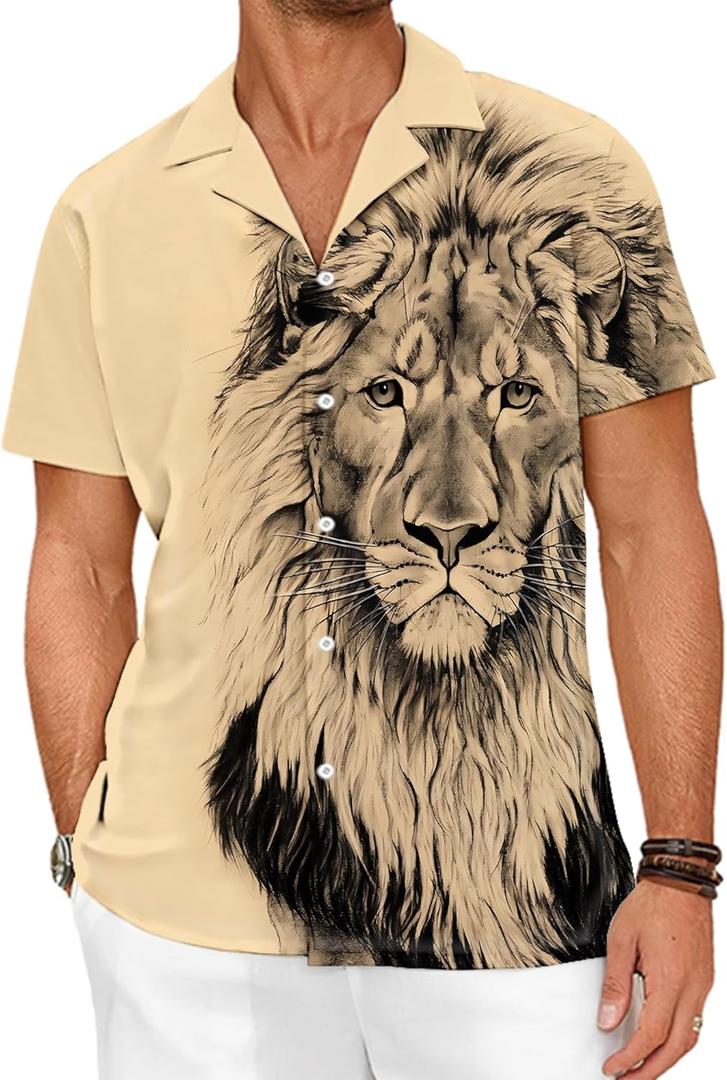 Lion Button Up Shirt Men Hawaiian Shirts Short Sleeve Summer Clothing, Animal Print, XL