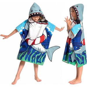 OLAOLA Kids Surf Poncho Beach Towel - Microfiber Printed Shark Hooded Wearable Swim Towel for Boys Girls Ages 3-12 Years
