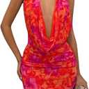 OYOANGLE Women's Sexy Deep V Halter Dress Floral Bodycon Mini Dresses Sleeveless Party Club Outfit, Red, Small