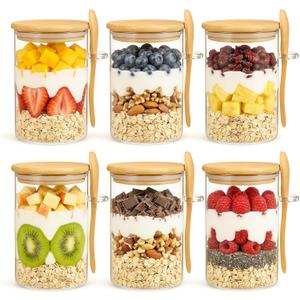 6 Pack Overnight Oats Containers with Bamboo Lids, Labels & Spoons, 22oz Glass Jars with Bamboo Lids, Airtight Meal Prep Jars Yogurt Containers for Chia Seed Pudding Salad Cereal Coffee Flour