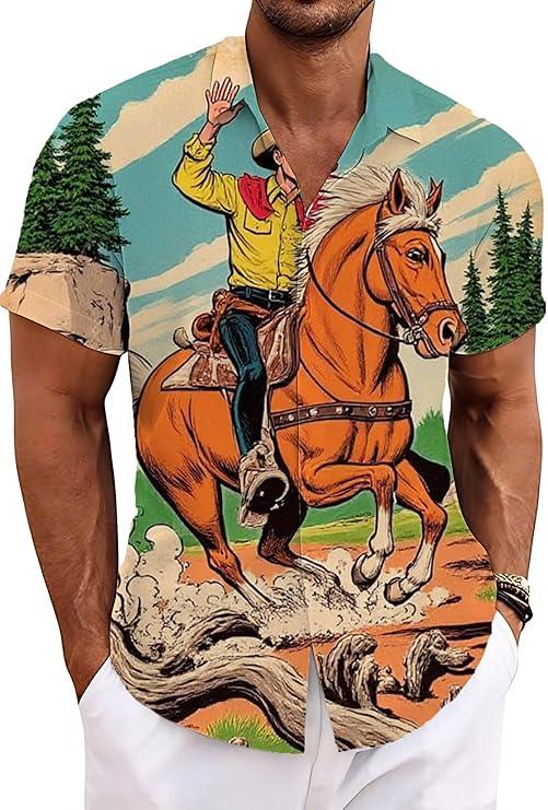 Cowboy Shirts for Men Western Shirts Rodeo Bowling Outfit Country Tshirt Mens Button Down Shirt Graphic T-Shirts Multicolor, Small 