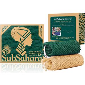SubSahara Authentic African Net Sponge - 2 Pack Exfoliating Bath & Shower Loofah Sponge for Body & Face, Gentle Scrubber for All Skin Types, Travel, Durable (Golden & Forest Green)