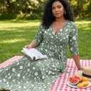 SUZONANA Plus Size Dresses for Women Floral Print Maxi Dress Flowy 3/4 Sleeve with Belt (Green, XXL)