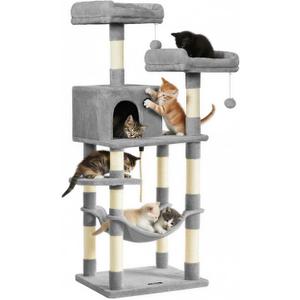 Feandrea Cat Tree, 56.3-Inch Cat Tower, Multi-Level Plush Condo with 11 Scratching Posts, 2 Perches, Hammock, Cave, Light Gray UPCT15W