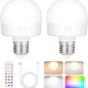 Rechargeable Battery Operated Light Bulb with Remote Control 2 Packs, 350LM Dimmable Detachable LED Bulb with 15 Colors Selectable & 3 Timer, Wireless Puck Light Bulb for Wall Sconce, Non-Hardwired