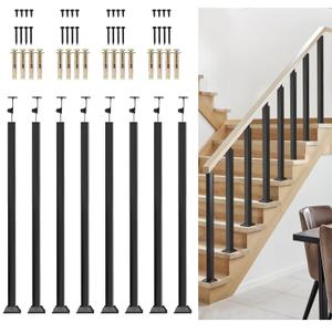 Indoor Railing Kits, 8 Pack Black Railing Post Kit, 270° Adjustable Flat Brackets Spindle Post & 35.43" Iron Square Stair Posts Kit for Stair Railing Indoor, Balcony, Staircases Spindles, Deck, Attic (36 in)
