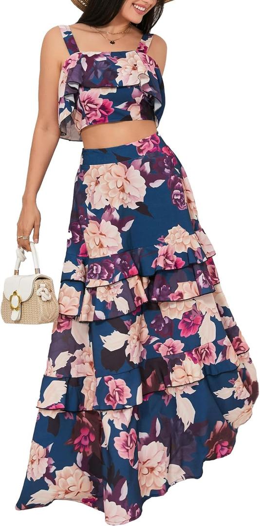 SOMTHRON Women's Summer 2 Piece Outfits Floral Print Strap Crop Tops Tiered Ruffle Skirt Sets Maxi Long Dress (Large)