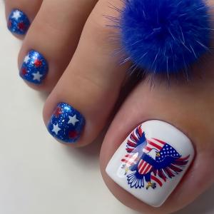 24Pcs 4th of July Press on Toenails Short Square WLGDLH Toenail Press ons Blue Glossy Fake Toe Nails Bald Eagle Stars False Toenails Full Cover Acrylic White Glue on Toenail for Women
