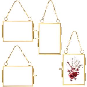 YUXIANLB 4 Pcs Double Glass Frame for Pressed Flowers, 2x3 Inch Picture Frame Mini Brass Wall Hanging Photo Frame with Chain for DIY Plant Specimen Wall Ornament Artwork Display Wall Decor (Gold)
